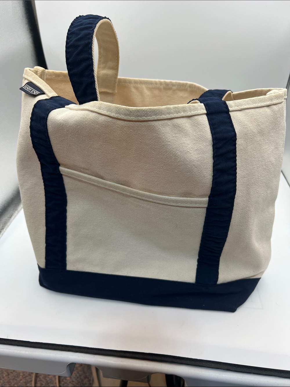 Lands’ End Natural Navy Canvas Boat Tote Bag Open Top